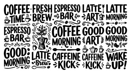 Obraz premium Coffee Lettering Collage Featuring Espresso, Latte, and Caffeine-Themed Words in Artistic Typography