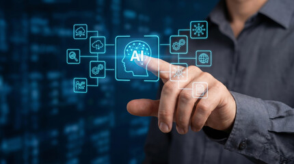 Fototapeta premium Ai workflow agent touch screen interface future tech concept. Intelligence, system, assistant, network, process, interface, smart, automation, robot, technology, digital