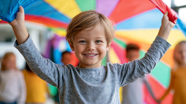Young boy smiling under colorful parachute while diverse group of children play together indoors in bright community center, group recreation concept, children activity