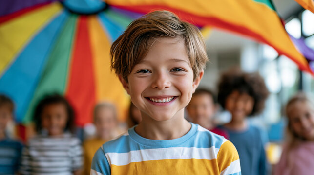 Young boy smiling under colorful parachute while diverse group of children play together indoors in bright community center, group recreation concept, children activity