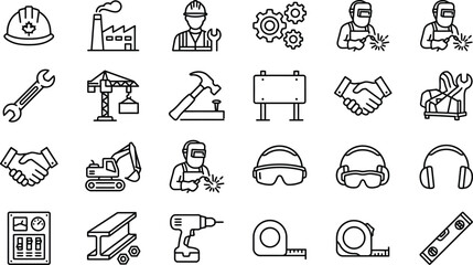 Fototapeta premium A comprehensive set of black and white outline icons representing various construction, engineering, industrial, and manual labor workplace activities.