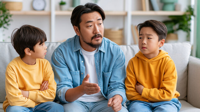 A thoughtful father speaks to his two young sons on a cozy sofa.
