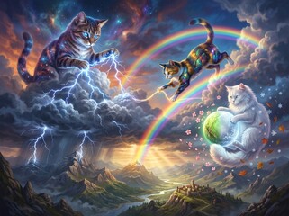 Fototapeta premium Giant Celestial Cats Controlling Storms