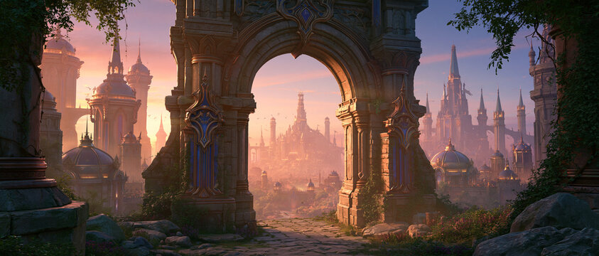 Majestic fantasy landscape with towering spires and ethereal colors at sunset.