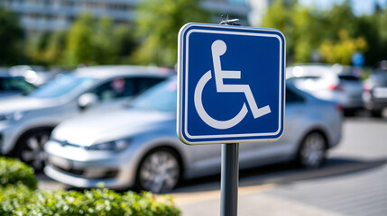 Close-up view of blue and white handicap parking sign in shopping center parking lot on sunny day with blurred cars, accessibility concept, public facility photography, blurred