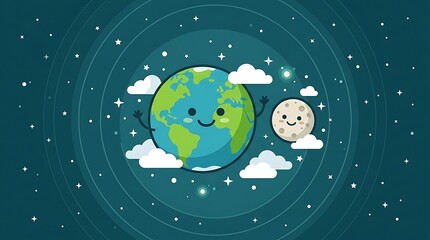 Naklejka premium Happy earth and moon characters floating in starry outer space