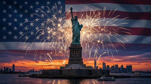 Statue of liberty with fireworks and american flag at sunset