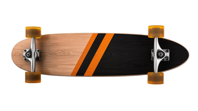 Wooden skateboard with orange and black stripes and amber wheels