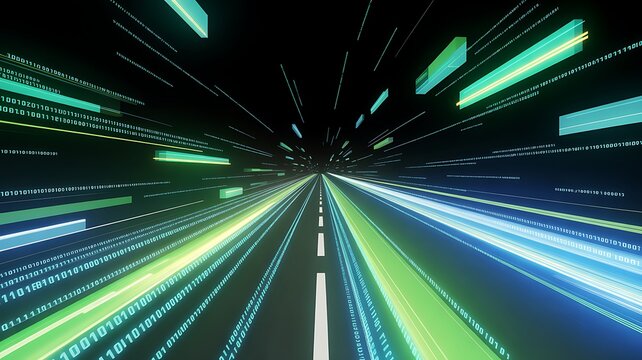 Sreaming data, binary data moving on a digital road - Digital Code road concept - 3d illustration 