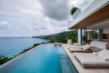 Fototapeta premium luxury modern villa with infinity pool overlooking ocean