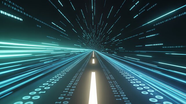 Sreaming data, binary data moving on a digital road - Digital Code road concept - 3d illustration 
