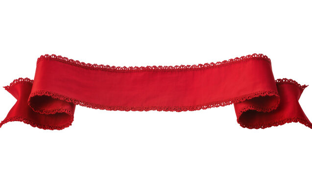 Red fabric ribbon with lace trim, isolated on transparent background