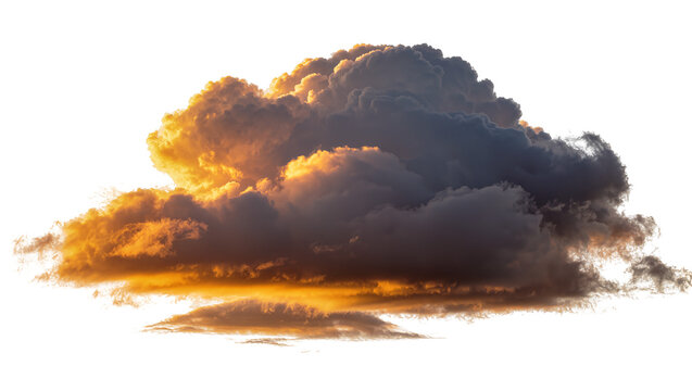 Dramatic cumulonimbus cloud illuminated by golden sunset light, isolated on transparent background