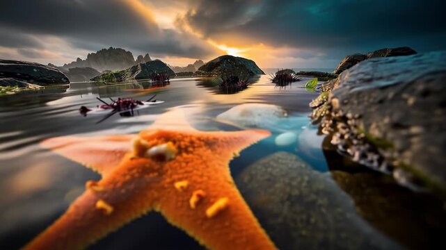 Sunset over rocky shoreline with vibrant tide pools and starfish at coastal marine life habitat