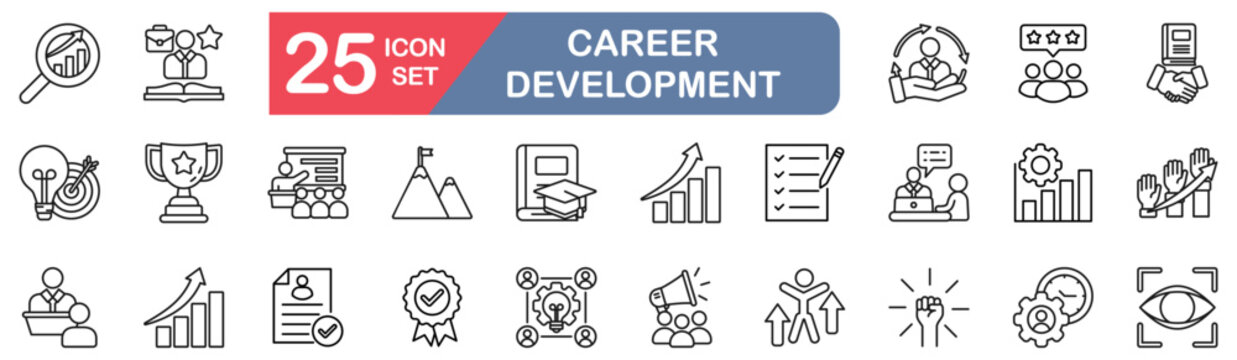 Career Development set of web icons in line style. vector illustration concept relate to skill, training, goal, learning, advancement, planning, life 