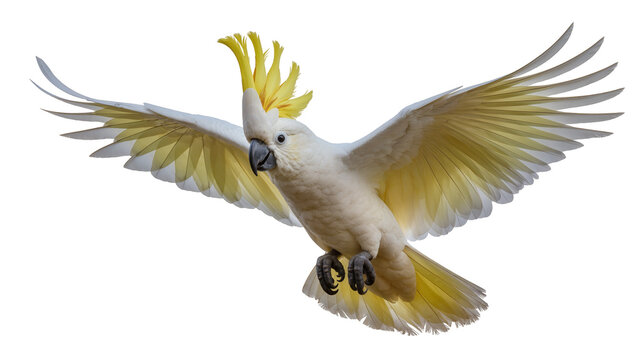 Sulphur-crested cockatoo in flight with yellow crest and wings