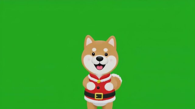 Shiba Inu dog dressed as Santa Claus dancing in sequence against a green screen background for holiday commercials