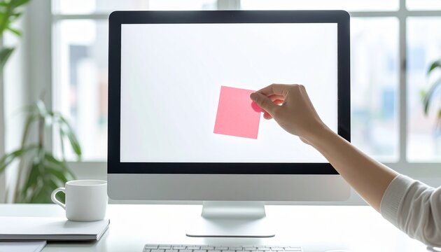 Hand placing pink sticky note on blank computer monitor in bright modern office, reminder, task management, productivity, organization, planning, workspace, digital workflow, minimal desktop and copy 