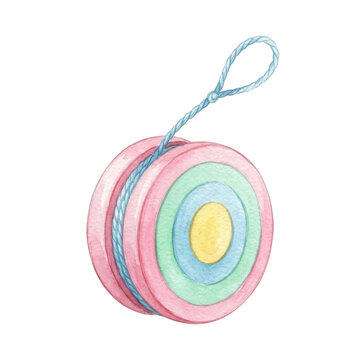 Watercolor illustration of a colorful pastel yoyo toy