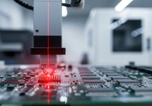 Automated robotic arm performing precision inspection on circuit board