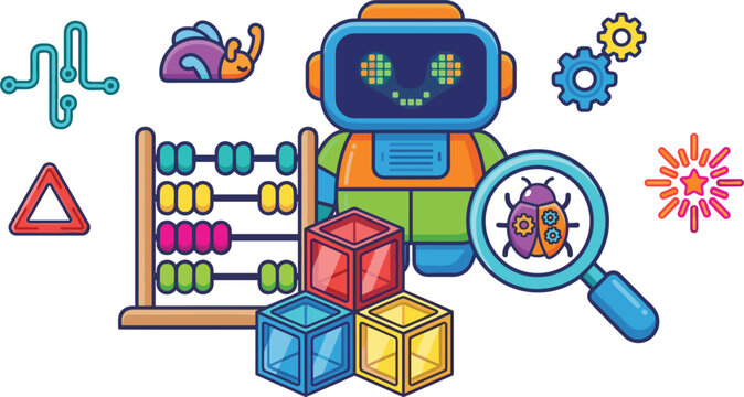 Children stem learning vector concept featuring robot abacus building blocks magnifying glass and gears elements.Children stem learning vector concept featuring robot abacus building blocks 