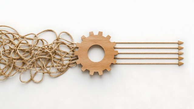 Wooden gear turning tangled rope into straight parallel lines illustrating business process optimization and complex problem solving