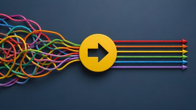 Yellow arrow icon organizing tangled colorful ropes into straight lines representing workflow simplification and chaos management