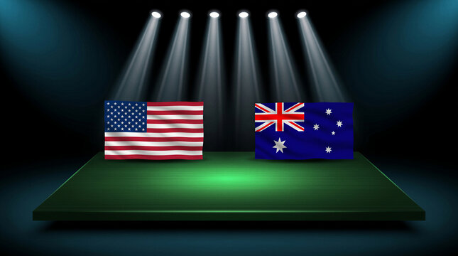 USA Australia Match, International Football, Soccer Championship, national flags on illuminated stadium field representing global competition tournament rivalry and sports event