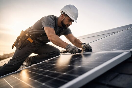 Worker installing solar panels