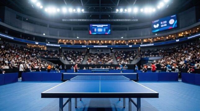 Blue table tennis table in a large indoor sports arena with spectators