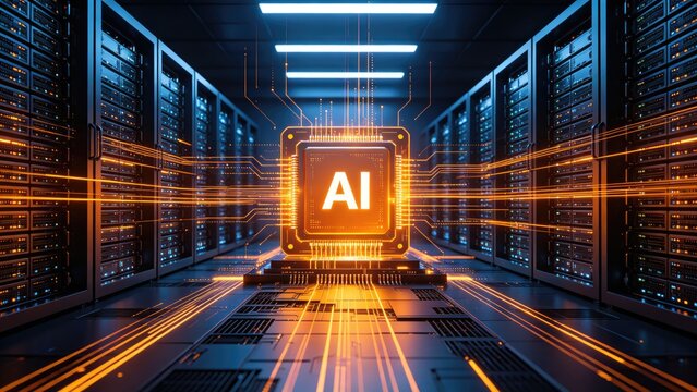 Glowing AI processor inside modern data center with high speed server connections, idea for artificial intelligence computing, cloud infrastructure, enterprise technology background