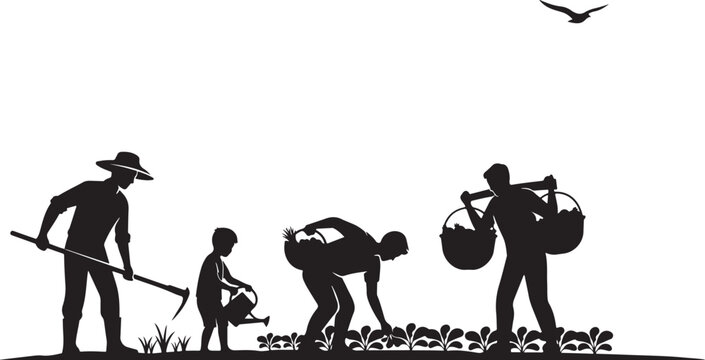 Silhouette of family farming, people working in field