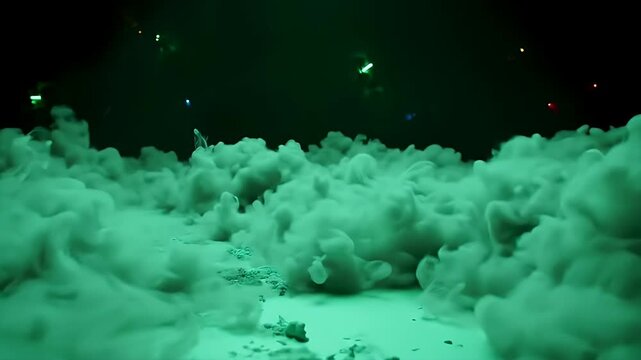 Ethereal green fog swirling in darkness with subtle lights.