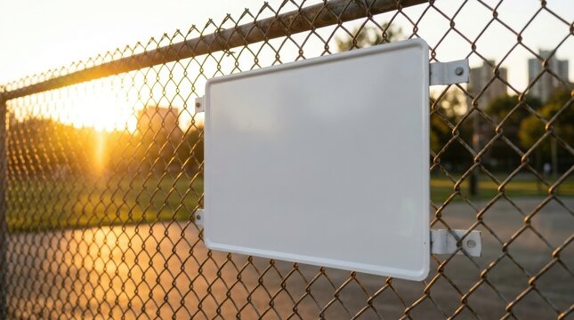 Blank white sign on chain link fence at sunset