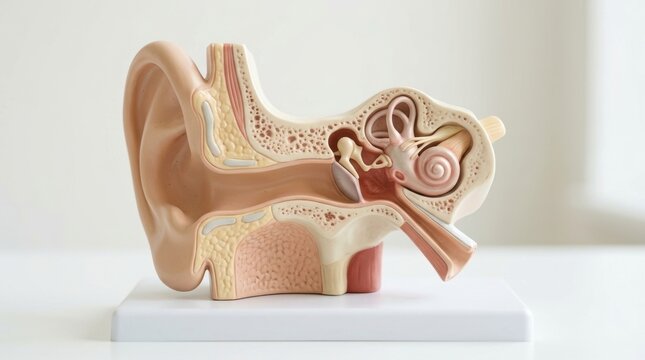 Detailed anatomical model of the human ear showing internal structures and auditory canal