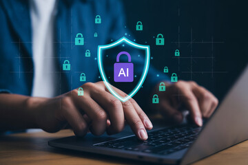 Fototapeta premium Artificial intelligence security shield protecting digital data on laptop with ai lock icon and network symbols.