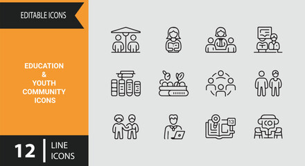 Naklejka premium Education and Youth Community Outline Icon Set for School Learning Programs and Child Development