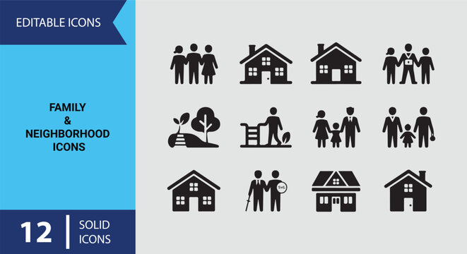 Family and Neighborhood Solid Icon Set for Suburban Lifestyle Branding and Housing Association Materials