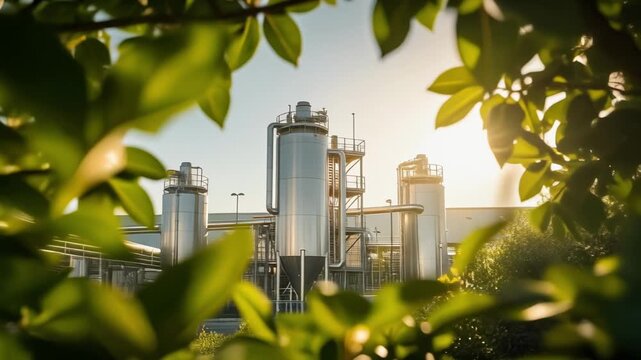 Sunlight filtering through lush green leaves blending nature and industry in a peaceful outdoor setting