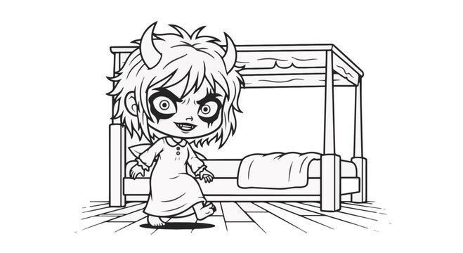 Vector line art of a demonic chibi girl with horns and dark circles around eyes standing in a bedroom next to a four-poster bed, coloring book style for kids and adults.