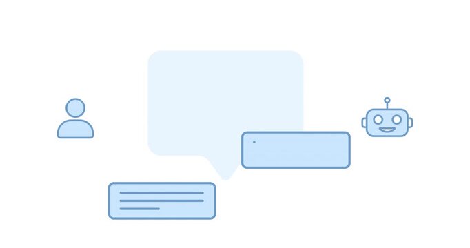 AI chatbot interface, 4k video animated scene with alpha channel. Digital assistant messaging animation with futuristic blue UI design on white background.