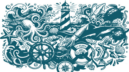 Nautical maritime doodle with lighthouse octopus and sea creatures © Prosun Design