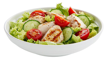 Grilled chicken salad with tomatoes and cucumbers in white bowl © Corman