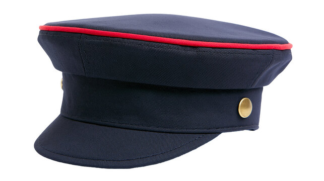 Dark blue peaked cap with red trim and gold button