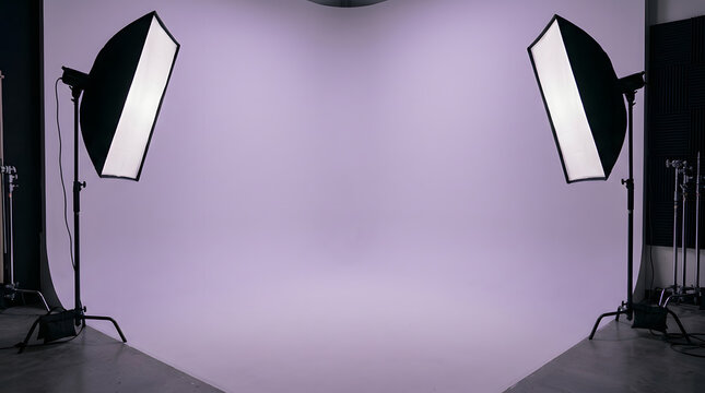 Photography studio setup with softbox lights on purple backdrop indoors