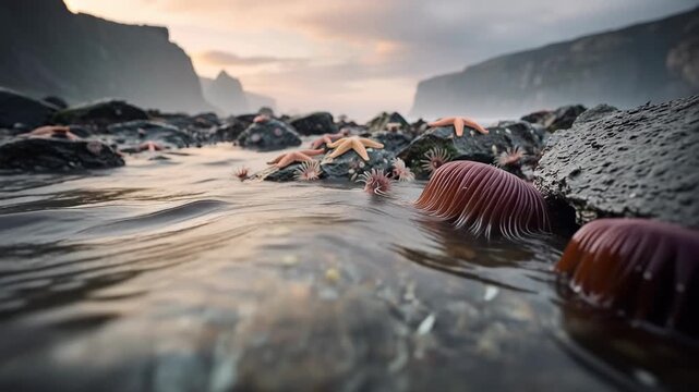 Serene tide pools at sunset with starfish and sea anemones in coastal marine habitat