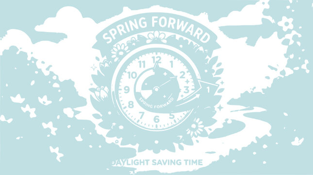 Spring Forward Daylight Saving Time Clock with Floral Elements and Clouds