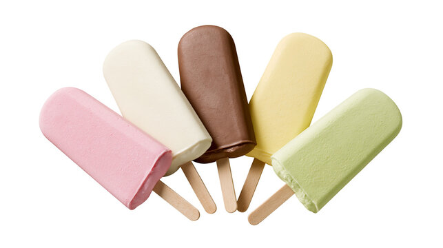 Assorted fruit and chocolate ice cream bars on sticks
