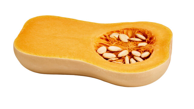 Butternut squash half with seeds and flesh visible