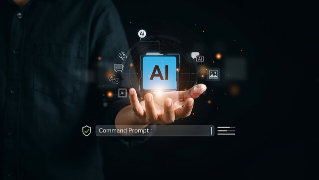 Artificial intelligence specialist interacting with digital command prompt interface.
